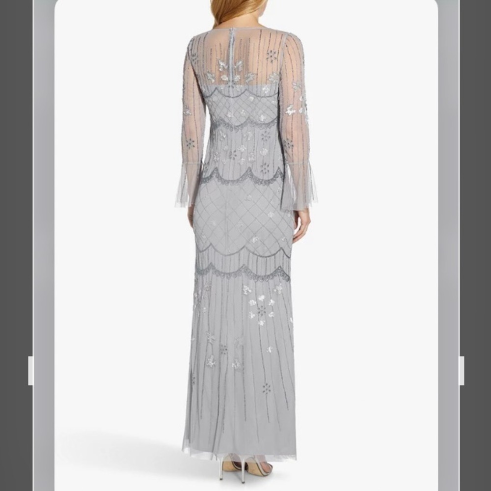 Adrianna Papell Bell Sleeve Illusion Beaded Mesh Covered Gown in Silver Mist 16 - Picture 4 of 7
